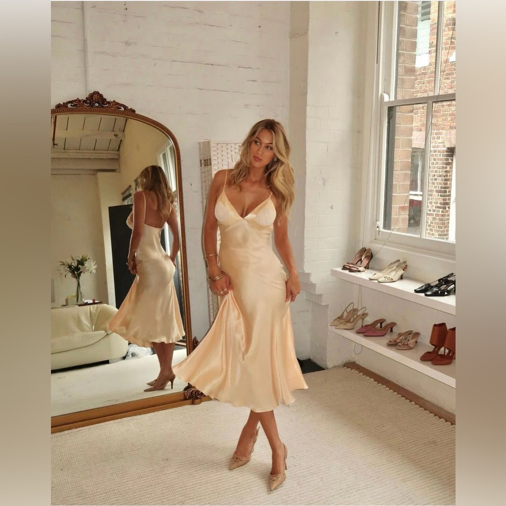 Satin Slip Midi Dress in Champagne